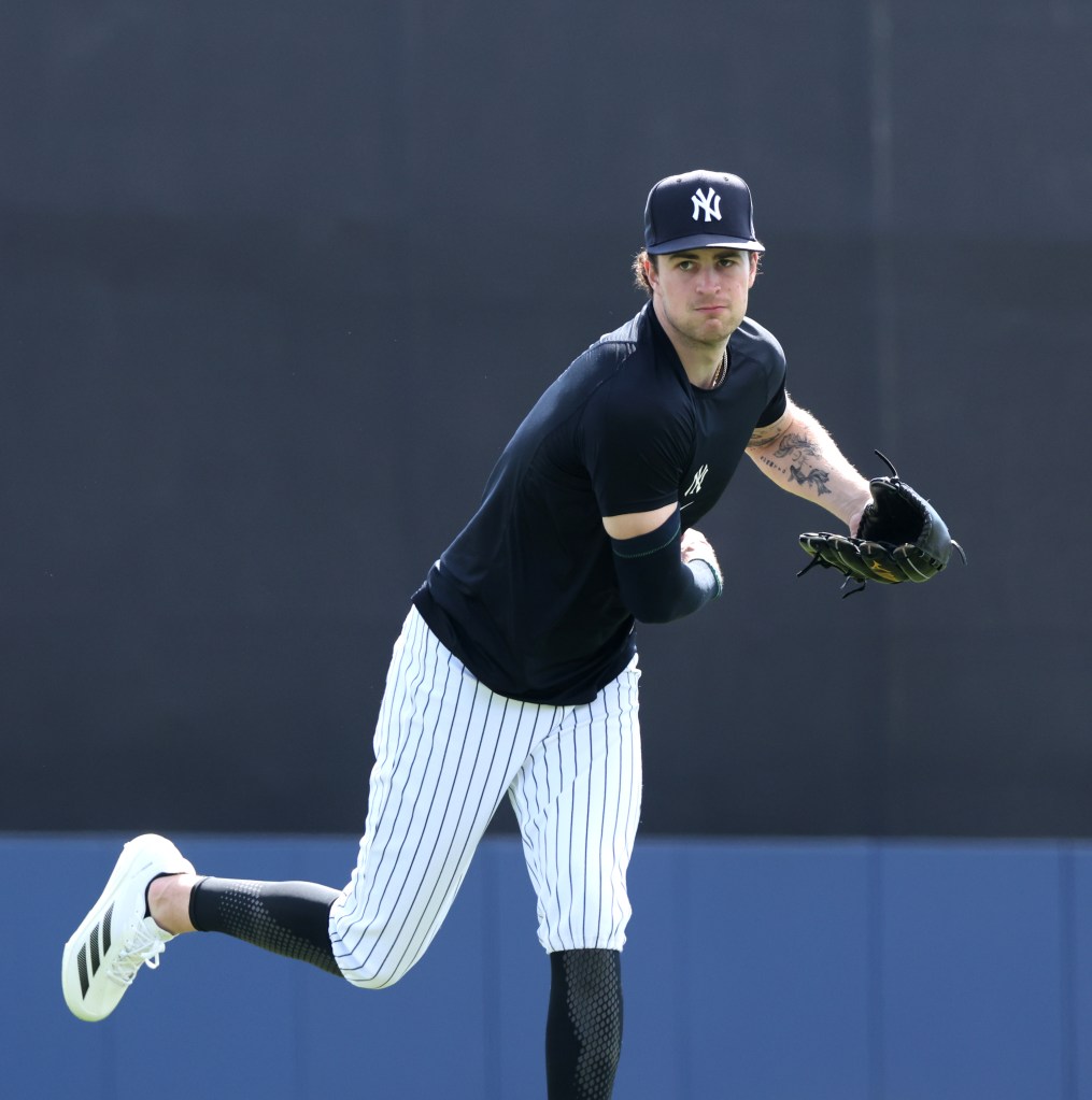 Cam Schlittler throws during a workout on Feb. 12, 2026.