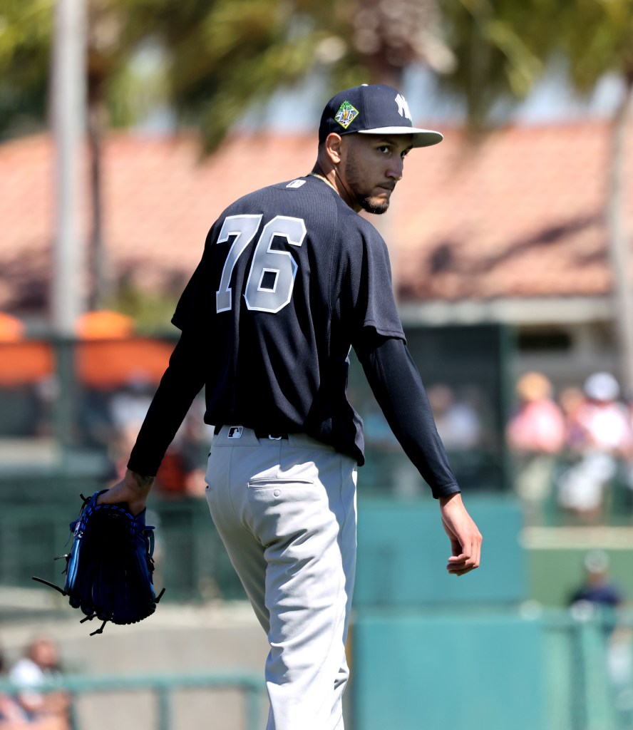 New York Yankees pitcher Elmer Rodríguez #76 during the 2nd inning.
