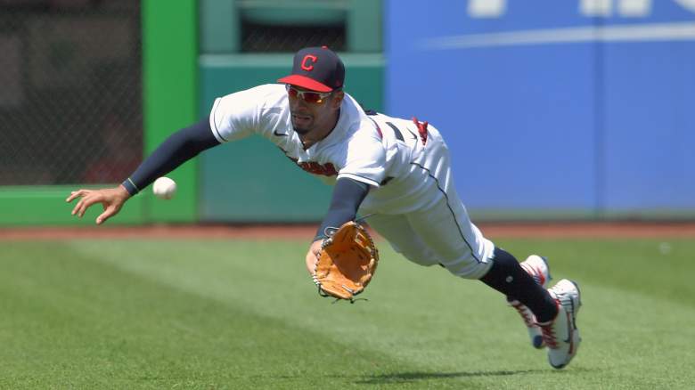 Cleveland Guardians outfielder Oscar Mercado makes a diving catch against the Tampa Bay Rays at Progressive Field.