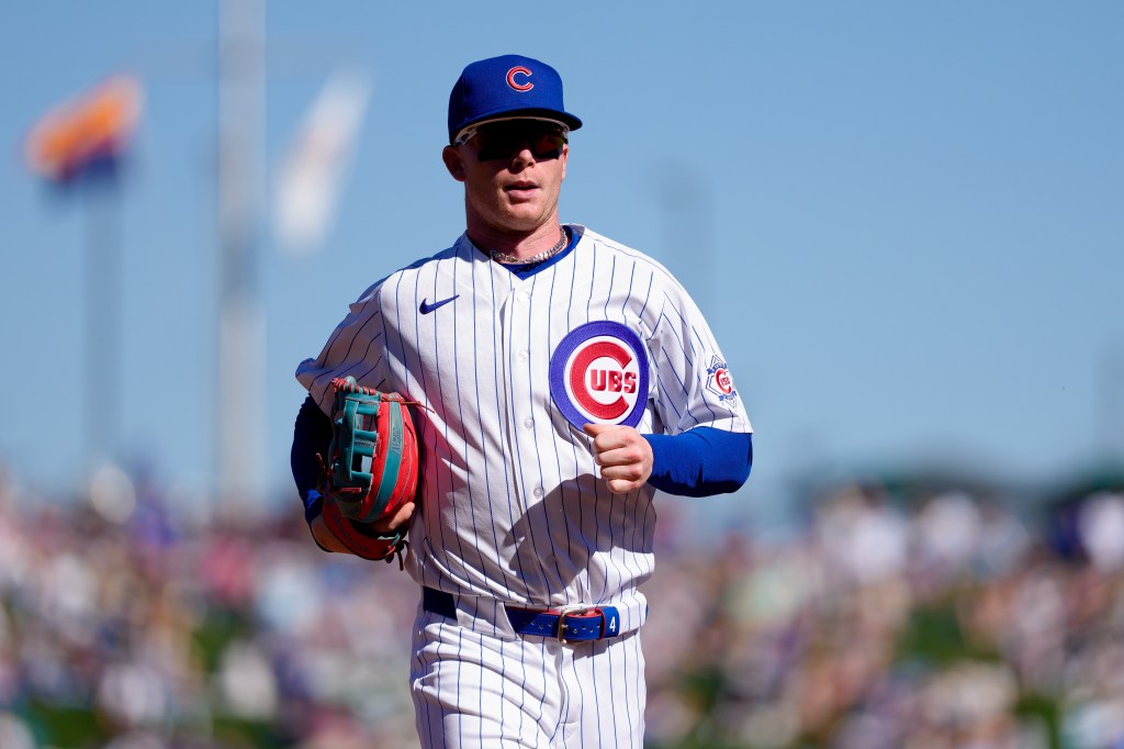 Pete Crow-Armstrong of the Chicago Cubs exits the field during a Spring Training game.
