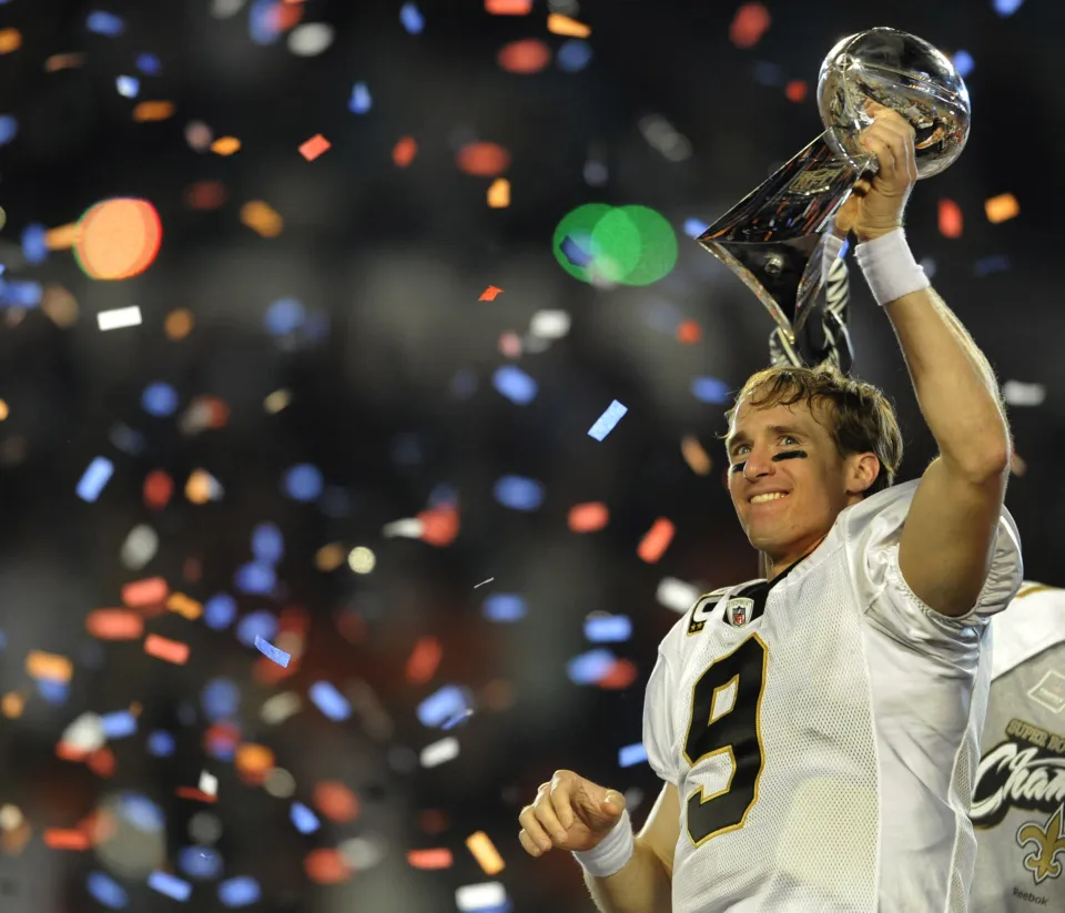 Quarterback Drew Brees of the New Orleans Saints after the Saints defeated the Indianapolis Colts during Super Bowl XLIV on February 7, 2010