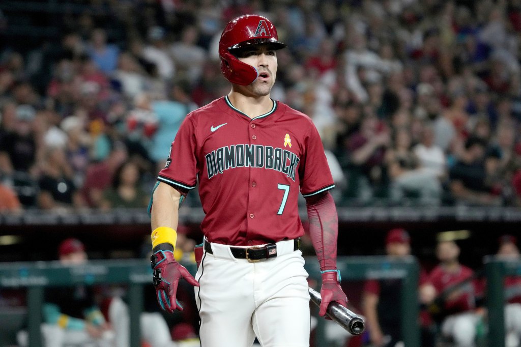 Arizona Diamondbacks' Corbin Carroll reacts during a baseball game.