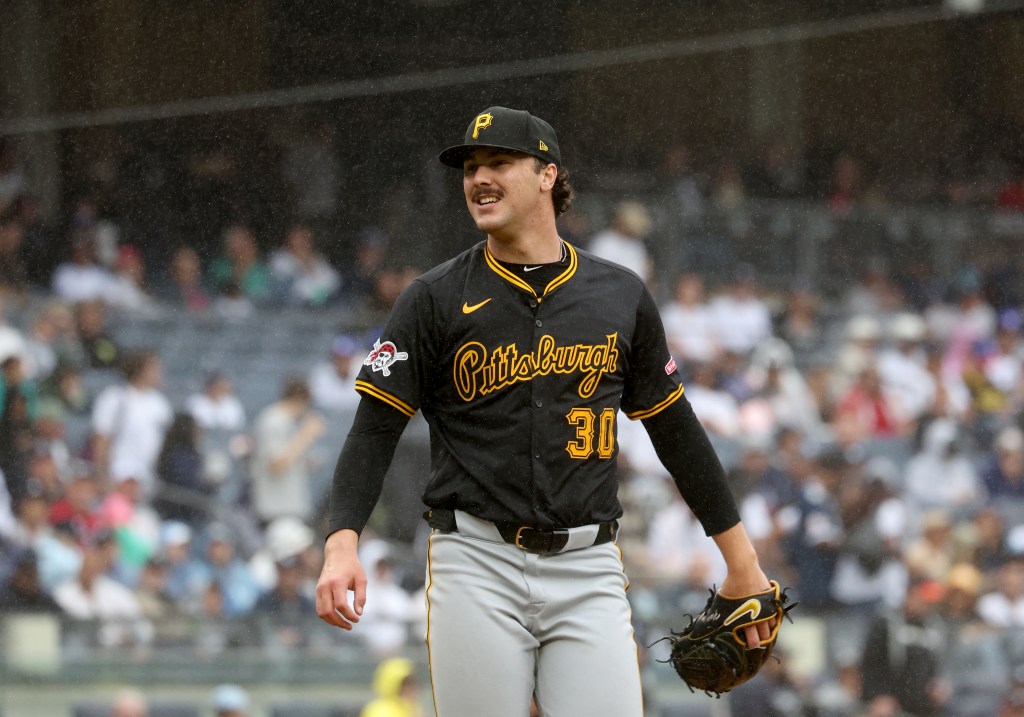 Pittsburgh Pirates pitcher Paul Skenes reacts on the mound.