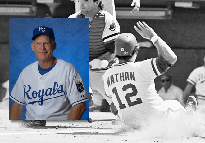 Side-by-side photos show John Wathan, a former Royals player, coach and broadcaster, in his official headshot, left, next to a photo of him sliding to the base during his time as a player.