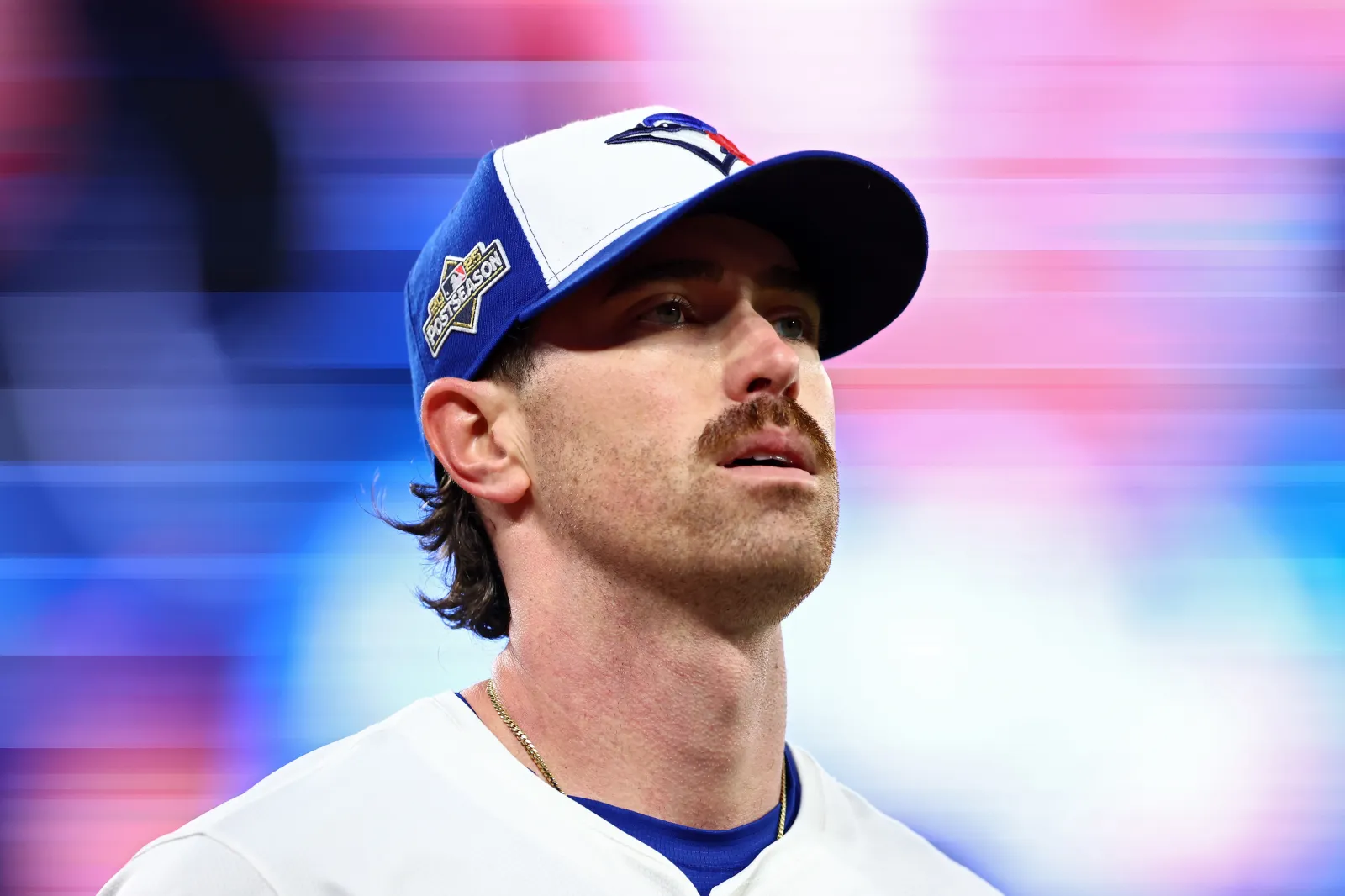 Blue Jays starter Shane Bieber looks forward during a game.