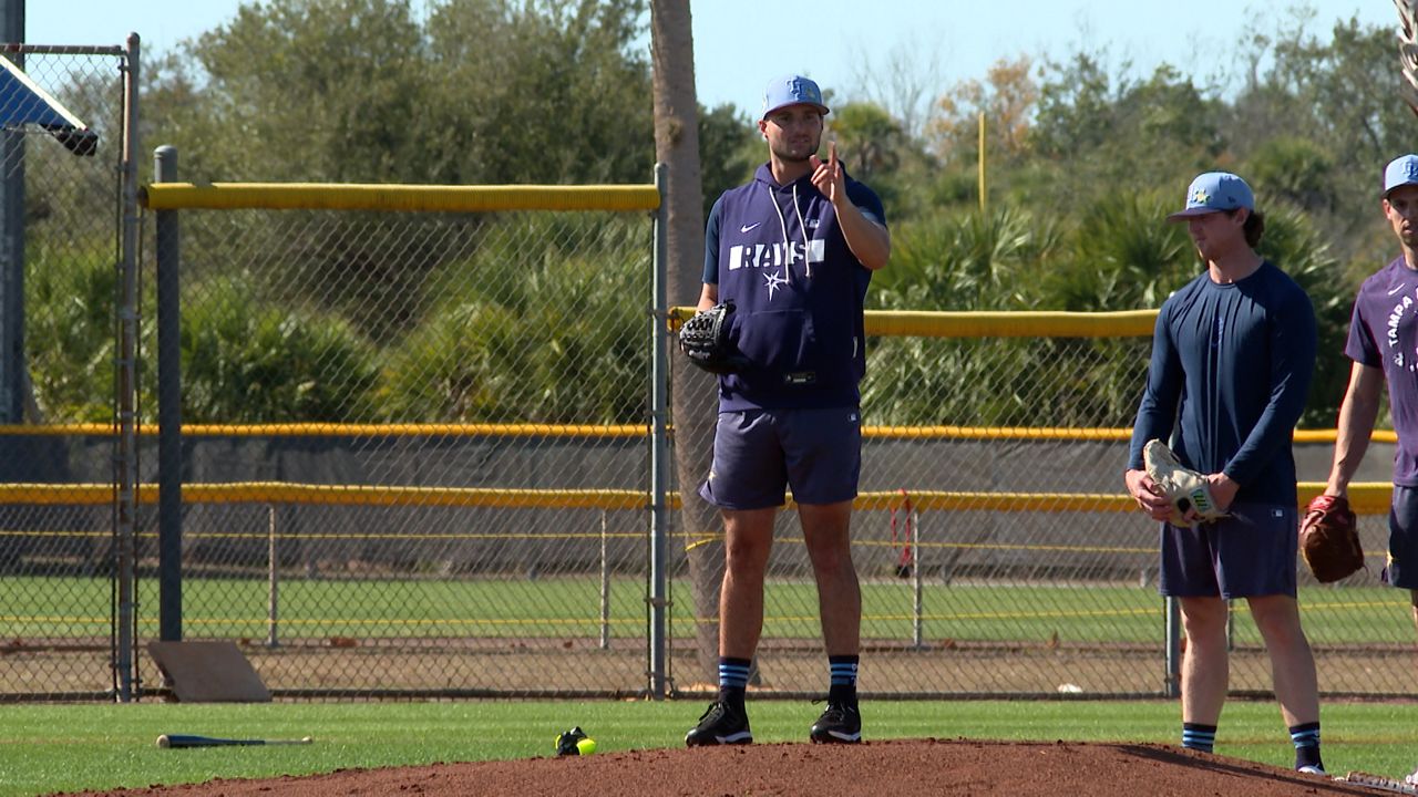 Rays pitcher Shane McClanahan takes the mound in Spring Training practice, his first since returning from injuries. (Spectrum Sports 360/Michael Epps)