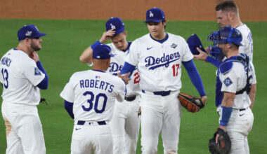 Oct 28, 2025; Los Angeles, California, USA; Los Angeles Dodgers manager Dave Roberts (30) pulls Los Angeles Dodgers two-way player Shohei Ohtani (17) from pitching during the seventh inning against the Toronto Blue Jays during game four of the 2025 MLB World Series at Dodger Stadium. Mandatory Credit: Kiyoshi Mio-Imagn Images