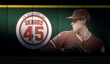 FILE - In this July 17, 2019, file photo, an image and logo memorializing former Los Angeles Angels pitcher Tyler Skaggs are displayed on the outfield wall in Anaheim, Calif. A California judge is allowing a lawsuit to proceed against the Angels over the drug-related death of Skaggs. (AP Photo/Kyusung Gong, File)