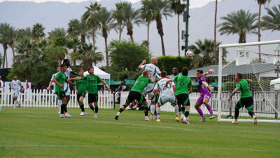 The Chicago Fire's Andrew Gutman rising for a header against Austin FC at the 2026 Coachella Valley Invitational