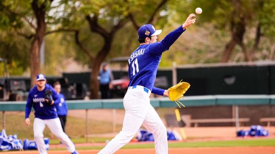 Los Angeles Dodgers pitcher Roki Sasaki (11) on the mound during Los Angeles Dodger workouts at Camelback Ranch in Glendale, Arizona. 