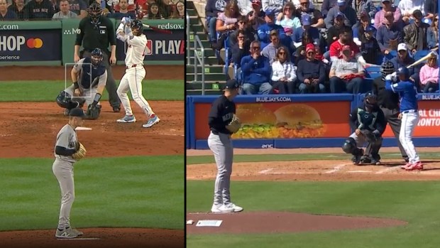 Will Warren threw from the first base side of the mound in 2025 (left), but worked from the third base side of the rubber on Tuesday (right).