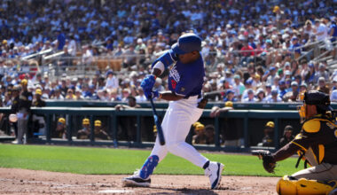 Feb 23, 2025; Phoenix, Arizona, USA; Los Angeles Dodgers right fielder Zyhir Hope (94) hits an RBI against the San Diego Padres during the second inning at Camelback Ranch-Glendale. Mandatory Credit: Joe Camporeale-Imagn Images