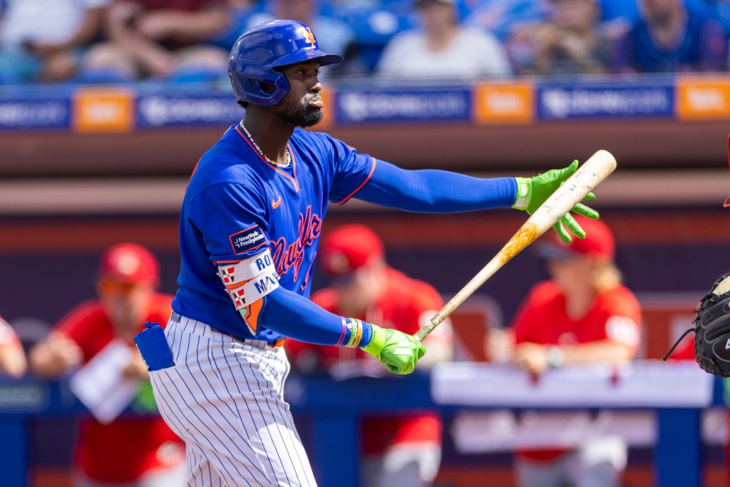 Ronny Mauricio of the New York Mets preparing to bat during spring training.