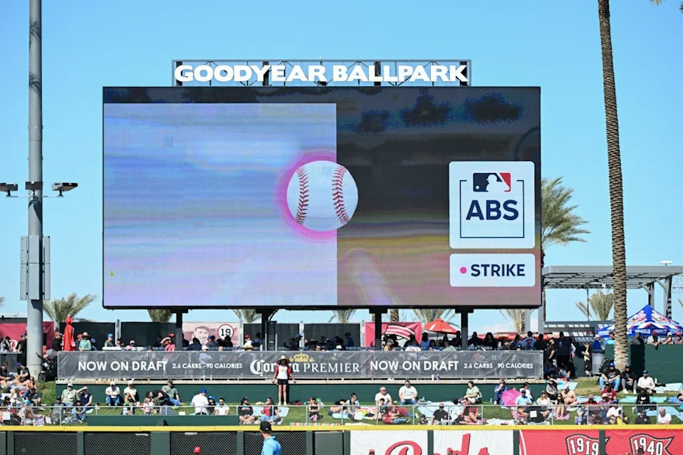 An ABS, or automatic ball-strike, review is shown on the scoreboard during the game between the Arizona Diamondbacks and the Cincinnati Reds at Goodyear Ballpark on Saturday, March 8, 2025 in Goodyear, Arizona MLB Photos via Getty Images