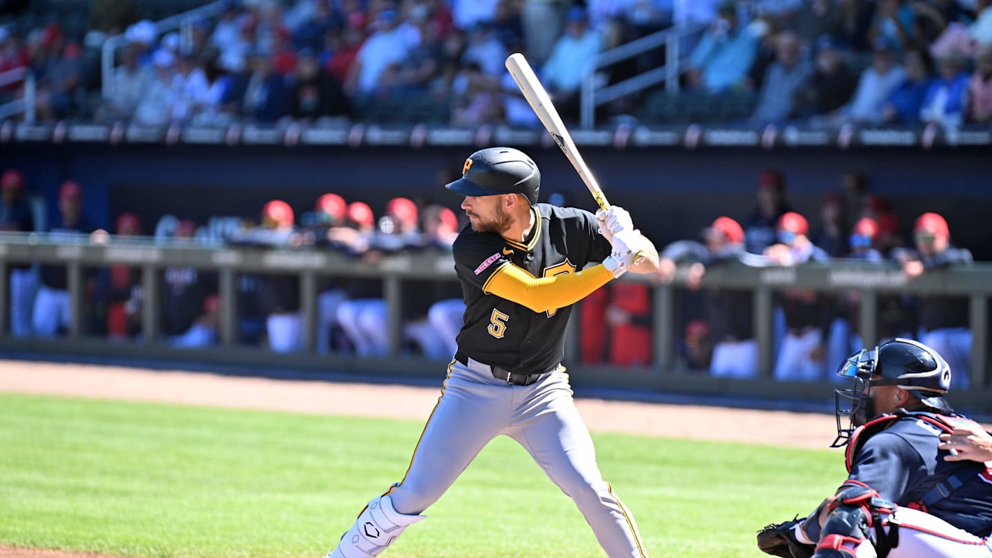 Feb 25, 2026; North Port, Florida, USA; Pittsburgh Pirates second baseman Brandon Lowe (5) bats in the first inning against the Atlanta Braves during spring training at CoolToday Park. Mandatory Credit: Jonathan Dyer-Imagn Images