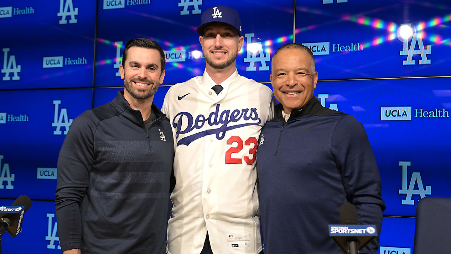 Jan 21, 2026; Los Angeles, CA, USA;  Los Angeles Dodgers general manager Brandon Gomes and manager Dave Roberts (30) stand with newly signed right fielder Kyle Tucker (23) at Dodger Stadium. Mandatory Credit: Jayne Kamin-Oncea-Imagn Images