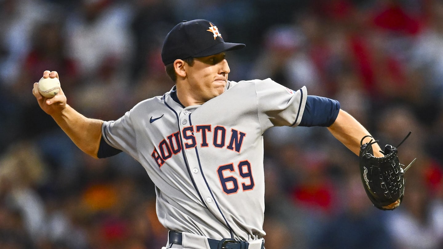 Sep 27, 2025; Anaheim, California, USA; Houston Astros starting pitcher AJ Blubaugh (69) throws a pitch against the Los Angeles Angels during the first inning at Angel Stadium. Mandatory Credit: Jonathan Hui-Imagn Images