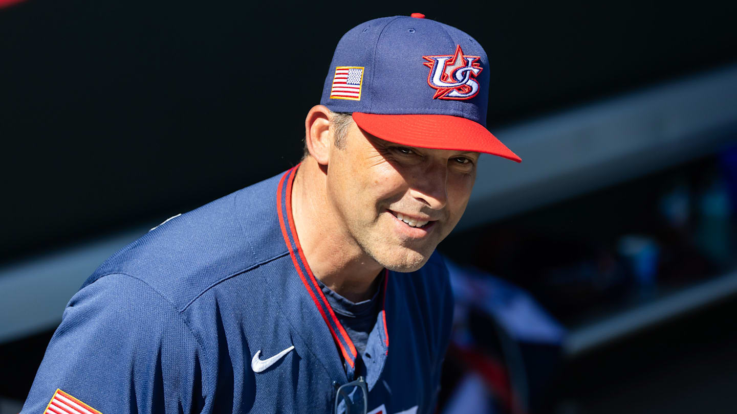 Mar 3, 2026; Scottsdale, AZ, USA; Team USA manager Mark DeRosa against the San Francisco Giants during a spring training game at Scottsdale Stadium. Mandatory Credit: Mark J. Rebilas-Imagn Images