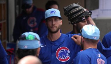 Mar 3, 2025; Salt River Pima-Maricopa, Arizona, USA; Chicago Cubs pitcher Caleb Kilian celebrates with teammates fater leaving the game against the Arizona Diamondbacks in the third inning at Salt River Fields at Talking Stick. Mandatory Credit: Rick Scuteri-Imagn Images
