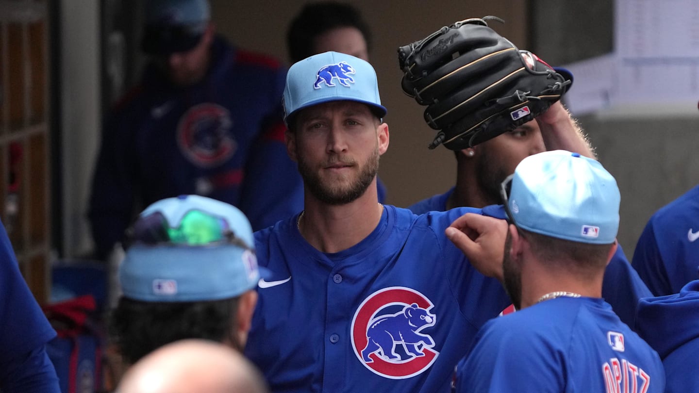 Mar 3, 2025; Salt River Pima-Maricopa, Arizona, USA; Chicago Cubs pitcher Caleb Kilian celebrates with teammates fater leaving the game against the Arizona Diamondbacks in the third inning at Salt River Fields at Talking Stick. Mandatory Credit: Rick Scuteri-Imagn Images