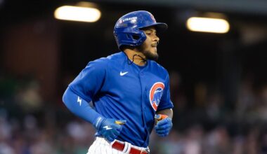 Mar 17, 2026; Mesa, Arizona, USA; Chicago Cubs third baseman Pedro Ramirez against the Los Angeles Angels during a spring training game at Sloan Park. Mandatory Credit: Mark J. Rebilas-Imagn Images