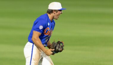Jun 2, 2024; Stillwater, OK, USA; Florida infielder Colby Shelton (10) celebrates after catching the last out during a NCAA regional baseball game against Oklahoma State at O'Brate Stadium. Mandatory Credit: Mitch Alcala-The Oklahoman