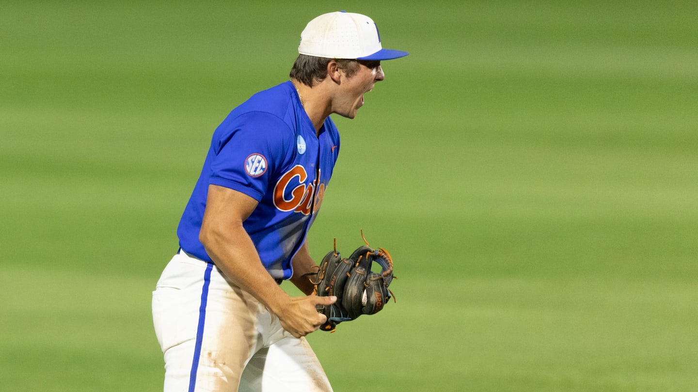 Jun 2, 2024; Stillwater, OK, USA; Florida infielder Colby Shelton (10) celebrates after catching the last out during a NCAA regional baseball game against Oklahoma State at O'Brate Stadium. Mandatory Credit: Mitch Alcala-The Oklahoman