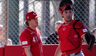 Cincinnati Reds pitcher Andrew Abbott (41) and Cincinnati Reds catcher Tyler Stephenson (37)
