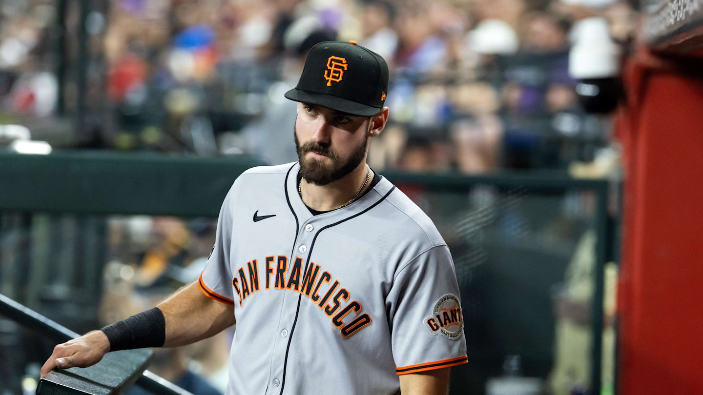 Sep 16, 2025; Phoenix, Arizona, USA; San Francisco Giants first baseman Bryce Eldridge against the Arizona Diamondbacks at Chase Field. Mandatory Credit: Mark J. Rebilas-Imagn Images
