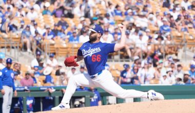 Feb 28, 2026; Phoenix, Arizona, USA; Los Angeles Dodgers pitcher Tanner Scott (66) on the mound pitching during the third inning of a spring training game against the Chicago Cub at Camelback Ranch-Glendale. Mandatory Credit: Allan Henry-Imagn Images