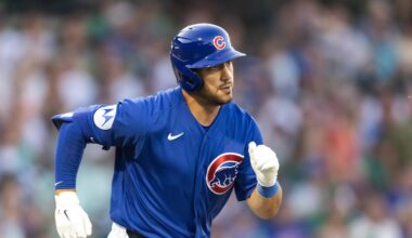Mar 17, 2026; Mesa, Arizona, USA; Chicago Cubs outfielder Michael Conforto against the Los Angeles Angels during a spring training game at Sloan Park. Mandatory Credit: Mark J. Rebilas-Imagn Images