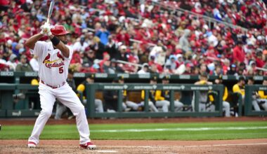 Apr 7, 2022; St. Louis, Missouri, USA;  St. Louis Cardinals designated hitter Albert Pujols (5) bats against the Pittsburgh Pirates during the fifth inning of Opening Day at Busch Stadium. Mandatory Credit: Jeff Curry-Imagn Images