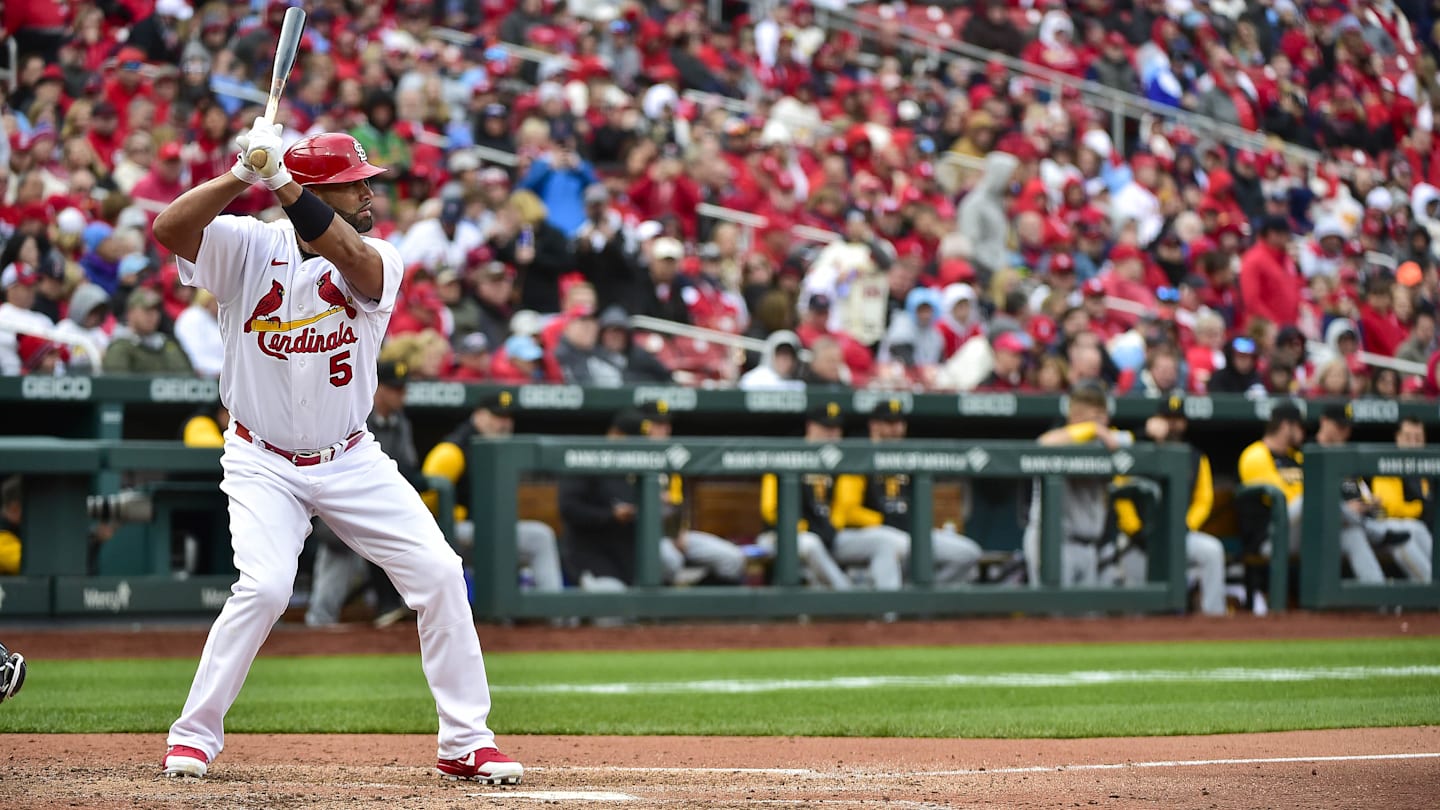 Apr 7, 2022; St. Louis, Missouri, USA;  St. Louis Cardinals designated hitter Albert Pujols (5) bats against the Pittsburgh Pirates during the fifth inning of Opening Day at Busch Stadium. Mandatory Credit: Jeff Curry-Imagn Images