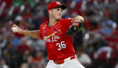 Sep 5, 2025; St. Louis, Missouri, USA; St. Louis Cardinals starting pitcher Michael McGreevy (36) pitches against the San Francisco Giants during the first inning at Busch Stadium. Mandatory Credit: Jeff Curry-Imagn Images