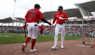 Feb 22, 2026; Fort Myers, Florida, USA;  Boston Red Sox designated hitter Roman Anthony (19) is congratulated by infielder Caleb Durbin (17) after he scored during the first inning at JetBlue Park at Fenway South. Mandatory Credit: Kim Klement Neitzel-Imagn Images