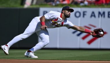 Sep 21, 2025; St. Louis, Missouri, USA; St. Louis Cardinals second baseman Jose Fermin (15) dives and catches a ball hit by Milwaukee Brewers catcher Danny Jansen (not pictured) during the second inning at Busch Stadium. Mandatory Credit: Jeff Curry-Imagn Images