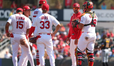 Mar 1, 2026; Jupiter, Florida, USA;  St. Louis Cardinals manager Oliver Marmol (37) speaks to catcher Ivan Herrera (48) during a pitching change against the Pittsburgh Pirates during the third inning at Roger Dean Chevrolet Stadium. Mandatory Credit: Sam Navarro-Imagn Images