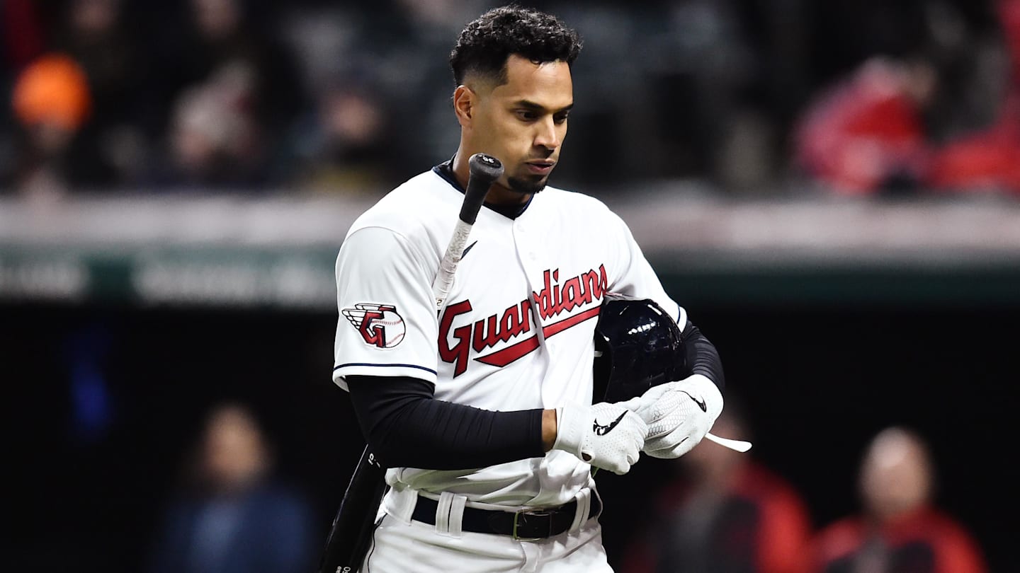 Apr 16, 2022: Cleveland Guardians pinch hitter Oscar Mercado (35) walks back to the dugout after striking out during the ninth inning against the San Francisco Giants at Progressive Field.