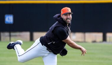 Detroit Tigers pitcher Justin Verlander practices during spring training at TigerTown in Lakeland, Fla. on Tuesday, Feb. 17, 2026.