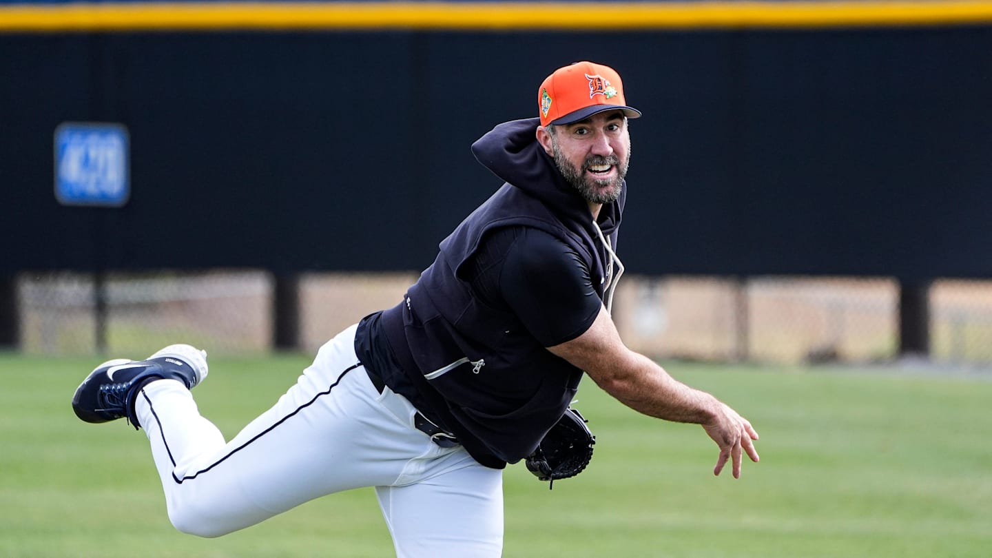 Detroit Tigers pitcher Justin Verlander practices during spring training at TigerTown in Lakeland, Fla. on Tuesday, Feb. 17, 2026.