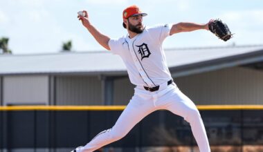 Detroit Tigers pitcher Brenan Hanifee throws at live batting practice during spring training at TigerTown in Lakeland, Fla. on Sunday, Feb. 15, 2026.