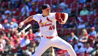 Sep 7, 2025; St. Louis, Missouri, USA;  St. Louis Cardinals pitcher Matt Svanson (49) pitches against the San Francisco Giants at Busch Stadium. Mandatory Credit: Tim Vizer-Imagn Images