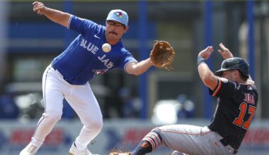 Mar 8, 2026; Dunedin, Florida, USA; Detroit Tigers first baseman Jace Jung (17) slips safely into second base in front of Toronto Blue Jays second baseman Davis Schneider (36) in the second inning during spring training at TD Ballpark. Mandatory Credit: Nathan Ray Seebeck-Imagn Images