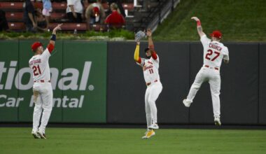 Sep 2, 2025; St. Louis, Missouri, USA;  St. Louis Cardinals outfielder Lars Nootbaar (21) center fielder Victor Scott II (11) and right fielder Nathan Church (27) celebrate after the Cardinals defeated the Athletics at Busch Stadium. Mandatory Credit: Jeff Curry-Imagn Images