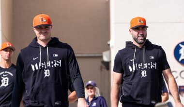 Detroit Tigers pitcher Tarik Skubal, left, and pitcher Justin Verlander walks toward practice field during spring training at TigerTown in Lakeland, Fla. on Thursday, Feb. 12, 2026.