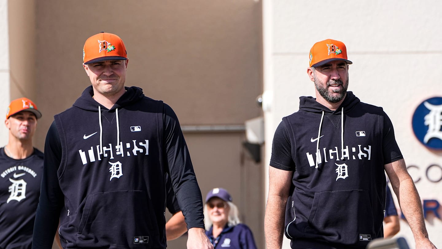 Detroit Tigers pitcher Tarik Skubal, left, and pitcher Justin Verlander walks toward practice field during spring training at TigerTown in Lakeland, Fla. on Thursday, Feb. 12, 2026.