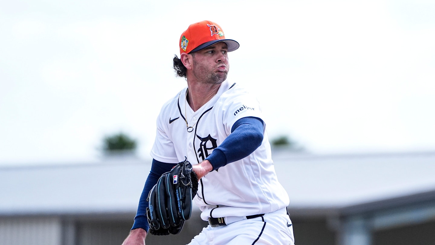 Detroit Tigers pitcher Kyle Finnegan throws at live batting practice during spring training at TigerTown in Lakeland, Fla. on Wednesday, Feb. 18, 2026.