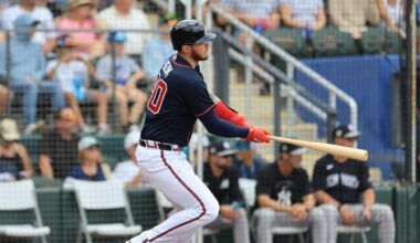 Mar 13, 2026; North Port, Florida, USA;  AAtlanta Braves catcher Jonah Heim (20) hits an RBI single during the first inning against the New York Yankees at CoolToday Park. Mandatory Credit: Kim Klement Neitzel-Imagn Images