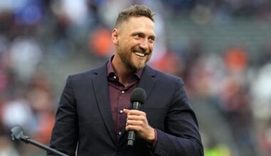 Sep 17, 2022; San Francisco, California, USA; San Francisco Giants former outfielder Hunter Pence speaks during the wall of fame ceremony before the game against the Los Angeles Dodgers at Oracle Park. Mandatory Credit: Darren Yamashita-Imagn Images