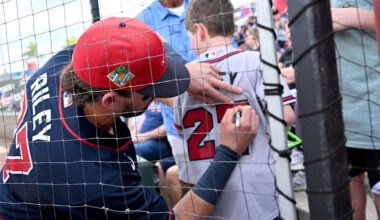 Feb 27, 2026; North Port, Florida, USA; Atlanta Braves third baseman Austin Riley (27) signs a jersey before the start of the game against the Boston Red Sox during spring training at CoolToday Park. Mandatory Credit: Jonathan Dyer-Imagn Images